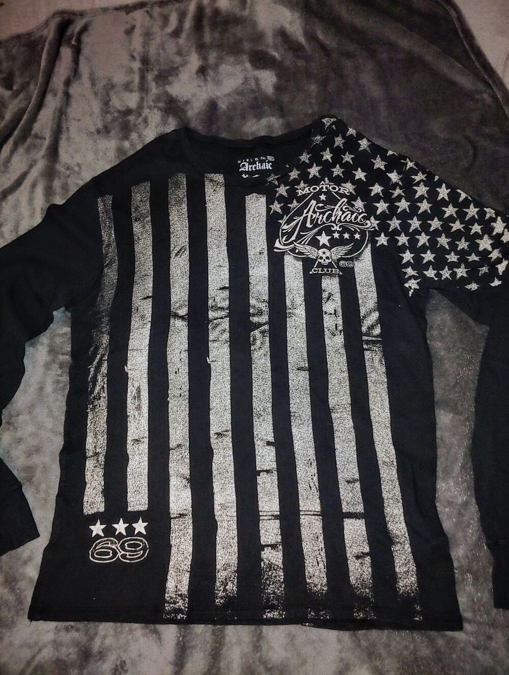 ARCHAIC * DISTRESSED LS FLAG SHIRT * BLACK & GRAY * 3XL * THERMAL * 100% COTTON